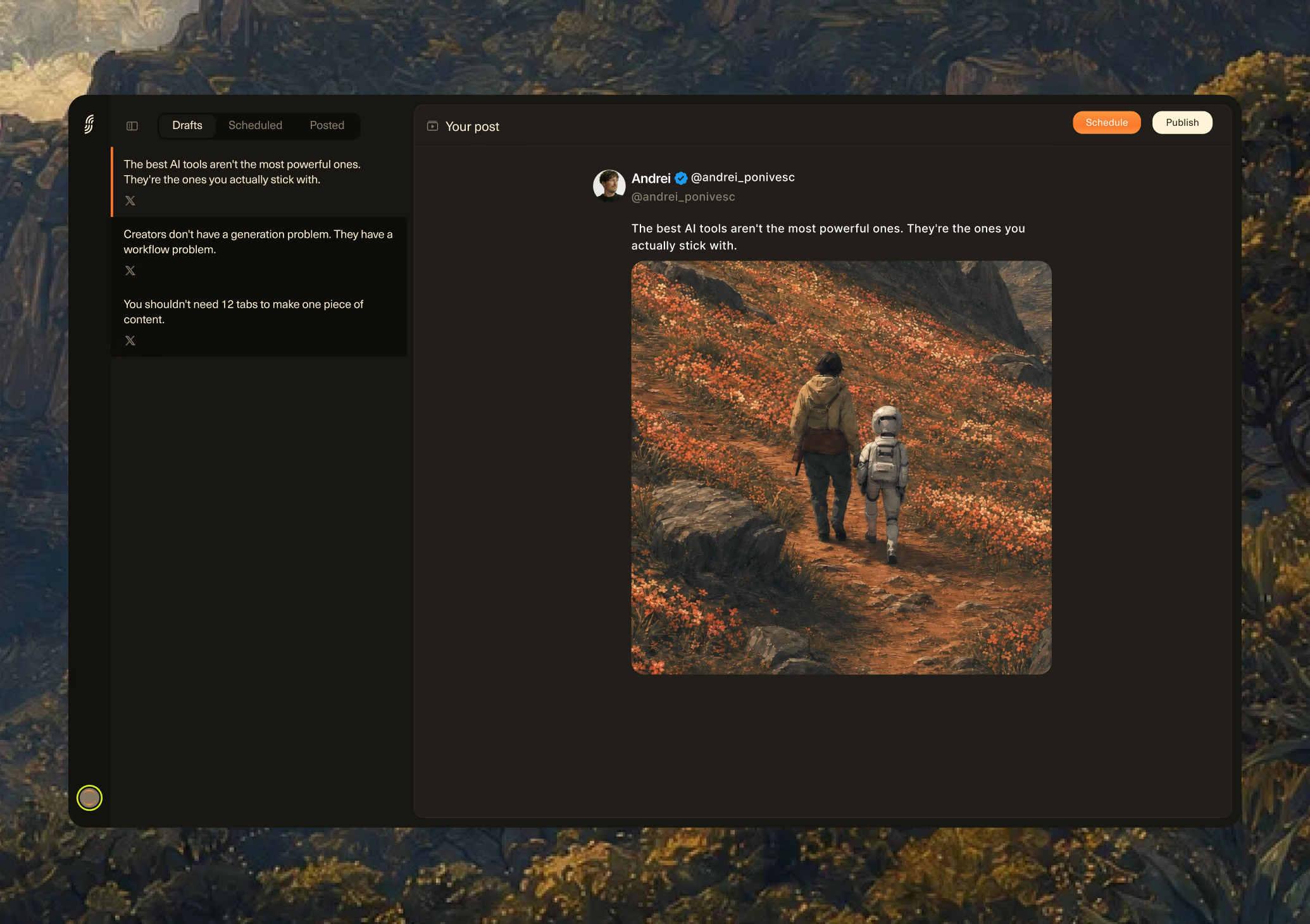 Silvio AI content generation product interface, X post composer